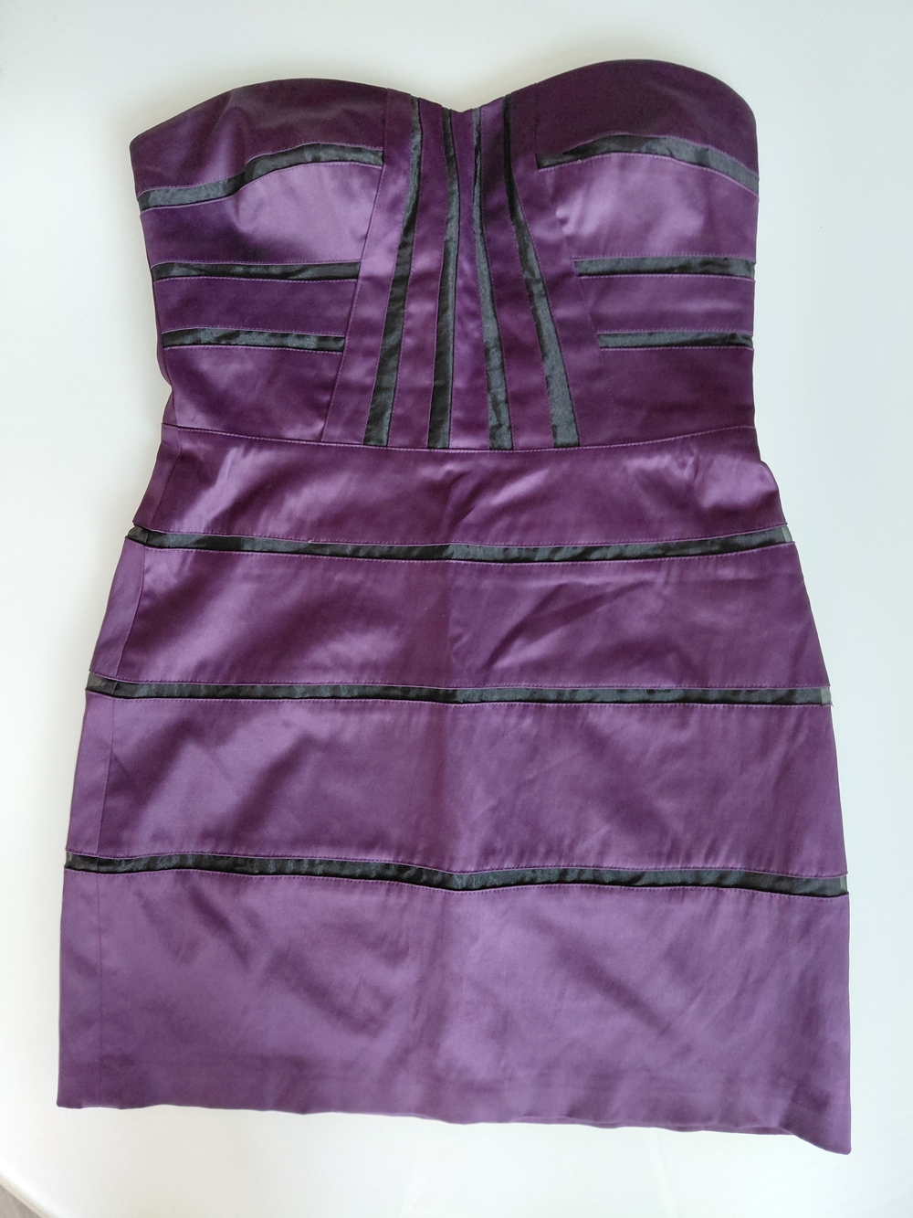 BCBGeneration Strapless Purple Satin Mini Dress with Black Trim